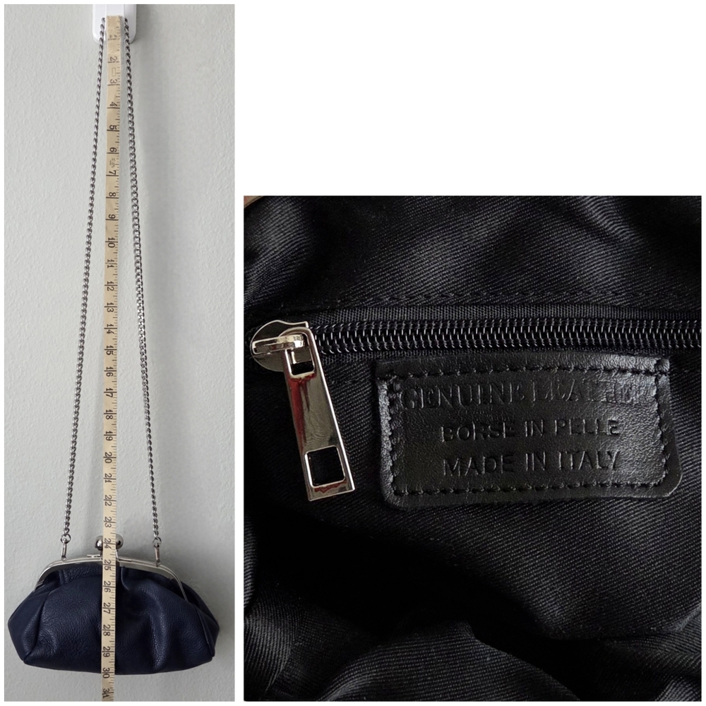 Italian Leather Navy Kisslock Clutch With Removable Silver Crossbody Chain, New - Picture 11 of 16